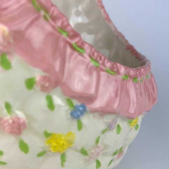 Ceramic Easter Basket with Pink Handle and Floral Design Vintage 1986 - Picture 7 of 9